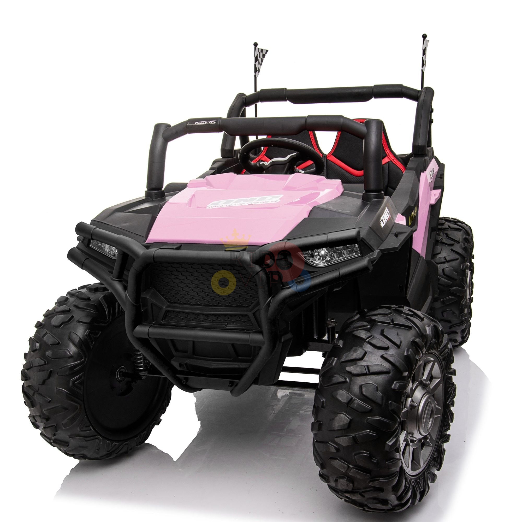The Pink 2 Seats UTV Adventure Complete Edition 24V Kids Ride On UTV with RC features a detailed front grille, large tires, and flag poles, all set against a plain white background.