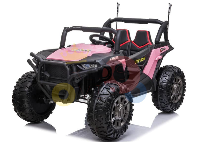 The Pink 2 Seats UTV Adventure Complete Edition, a 24V Kids Ride On UTV with RC, is a pink and black off-road toy vehicle featuring LED lights, a roll cage, four rugged tires, red-accented dual seats, a realistic dashboard, and Parental Remote Control for extra safety.