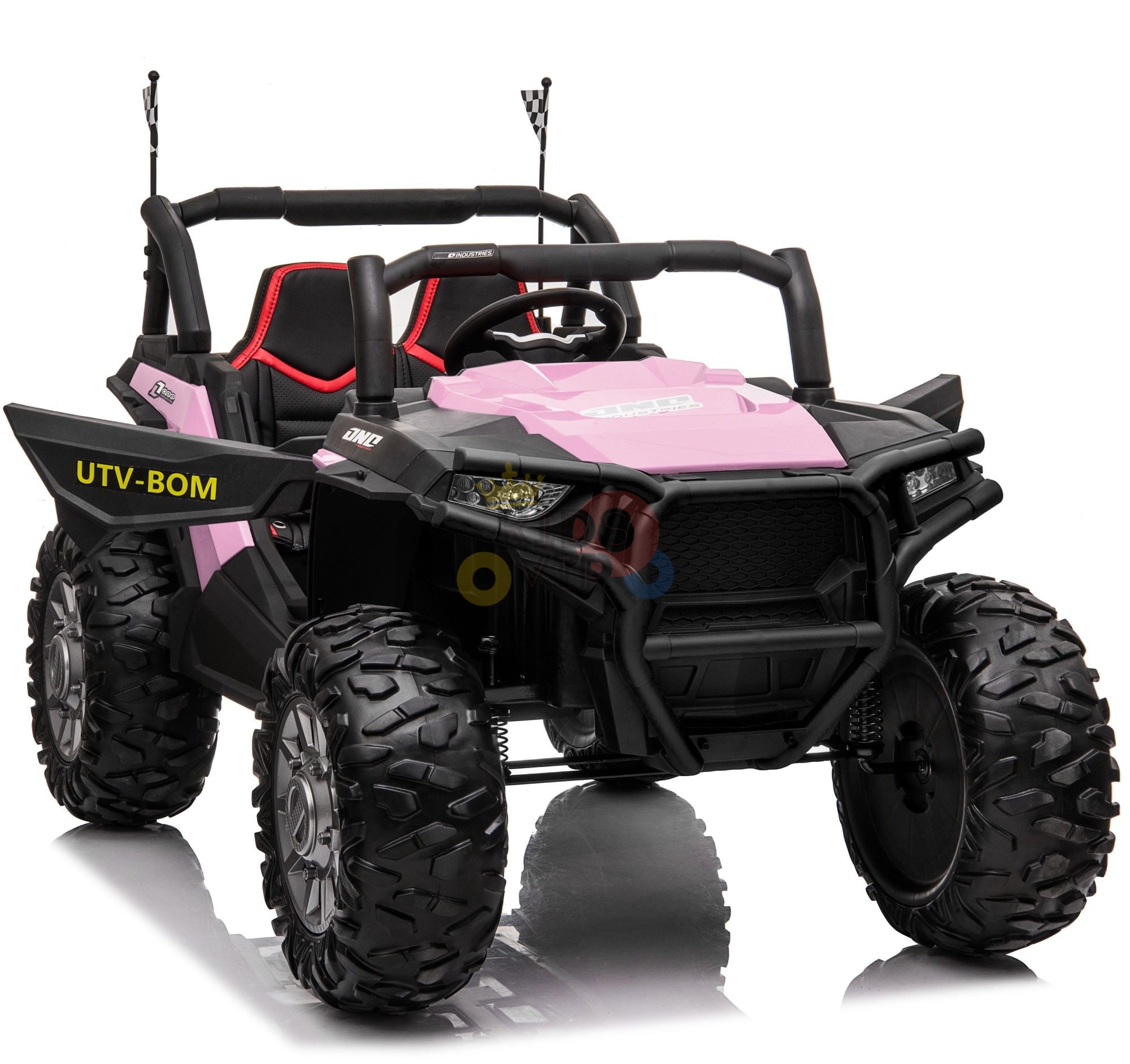 The Pink 2 Seats UTV Adventure Complete Edition 24V Kids Ride On UTV with RC is like an off-road buggy, featuring large rugged tires, roll cage, red seat with a black harness, and parental remote control for safe play.