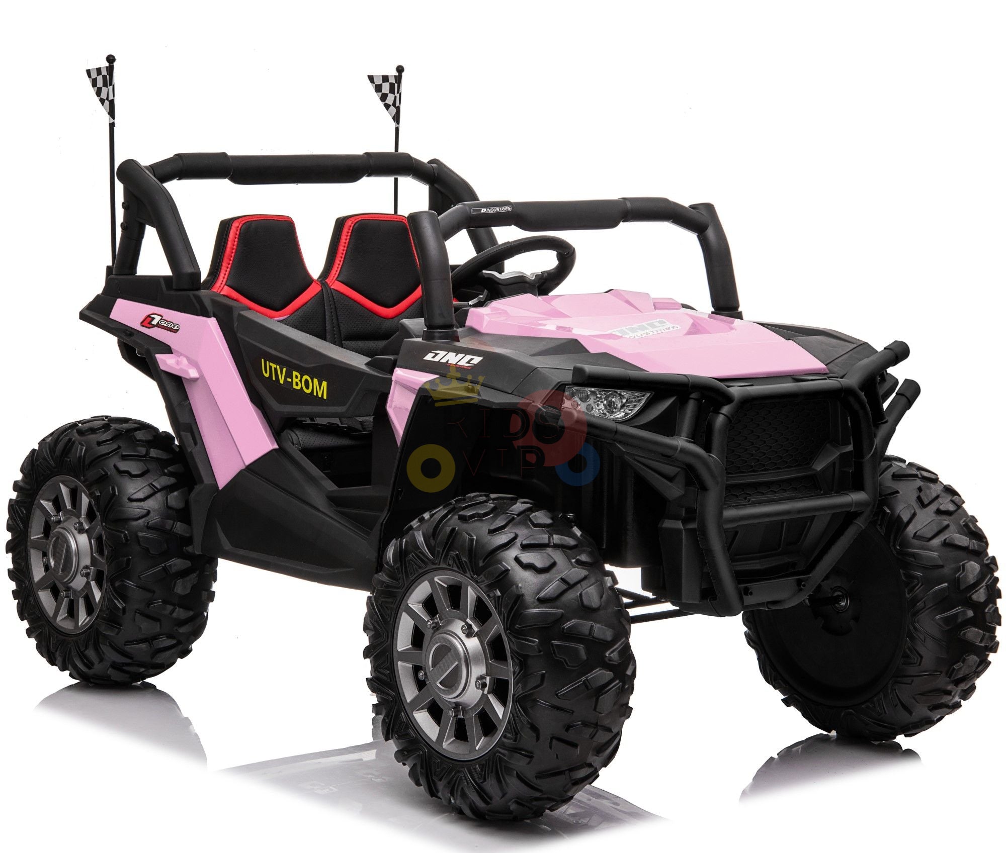 The Pink 2 Seats UTV Adventure Complete Edition is a 24V Kids Ride On UTV with RC, resembling an off-road buggy. It features large rugged tires, two red-trimmed seats, and checkered flags, perfect for thrilling rides with parental remote control for safety.