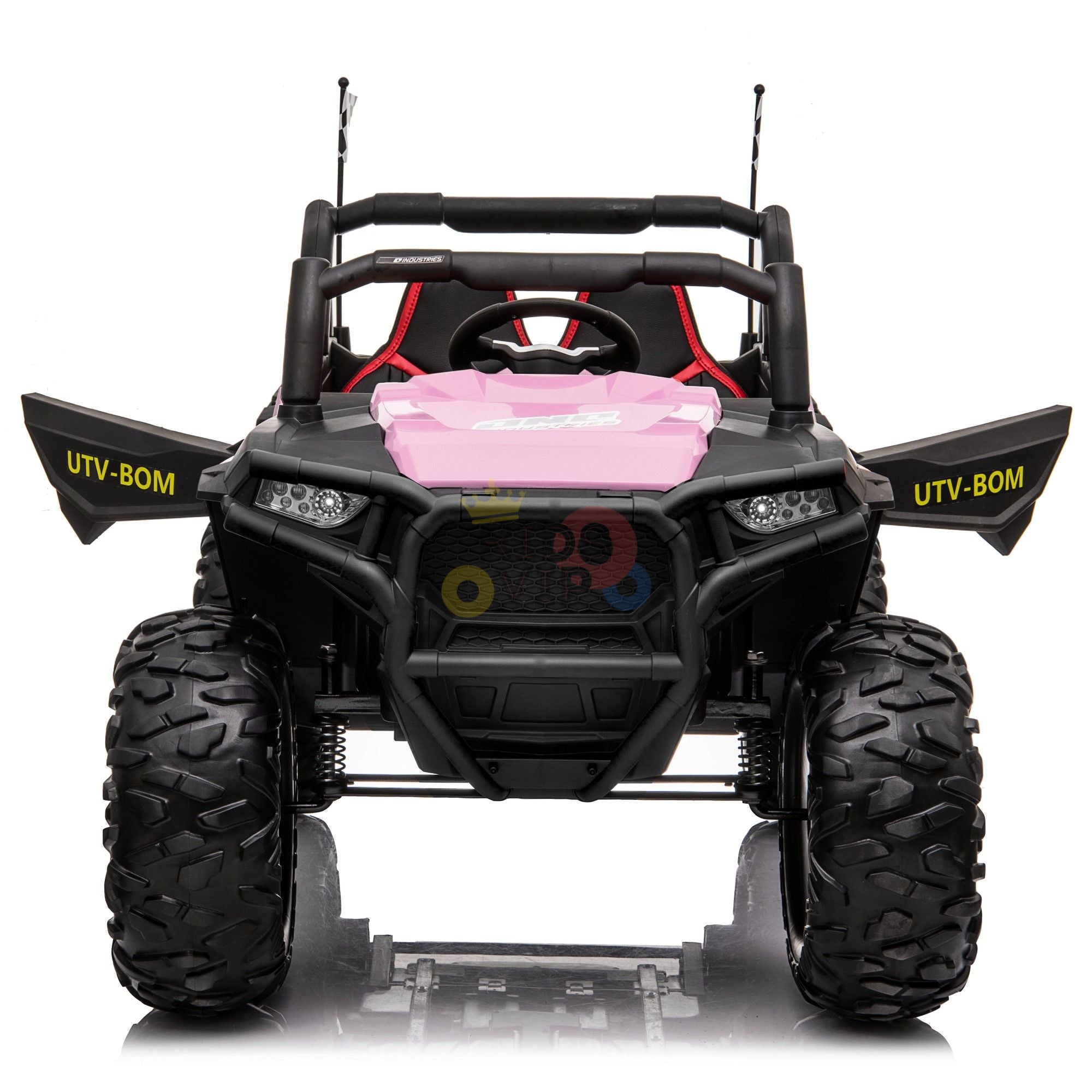 The Pink 2 Seats UTV Adventure Complete Edition 24V Kids Ride On UTV with RC boasts bold pink and black styling, large off-road tires, UTV-BOM on the sides, a roll cage, headlights, red seat accents, and a Parental Remote Control against a plain white background.