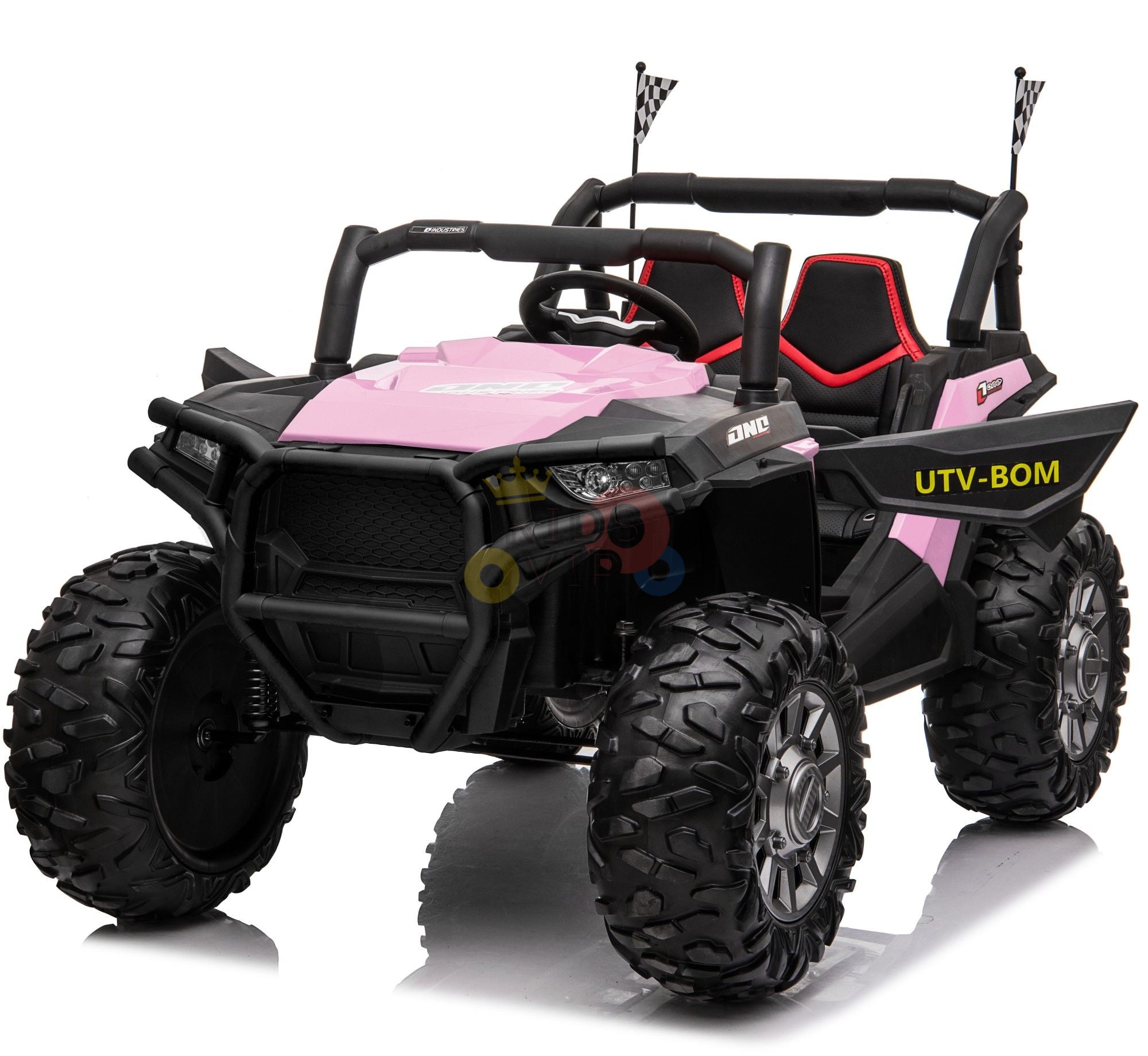 The Pink 2 Seats UTV Adventure Complete Edition is a vibrant pink Kids Ride On UTV for adventurous youngsters, featuring large black tires, two seats, and a secure roll cage. It has UTV-BOM branding, checkered flags on the roof, 24V power, and includes Parental Remote Control for safety and fun.