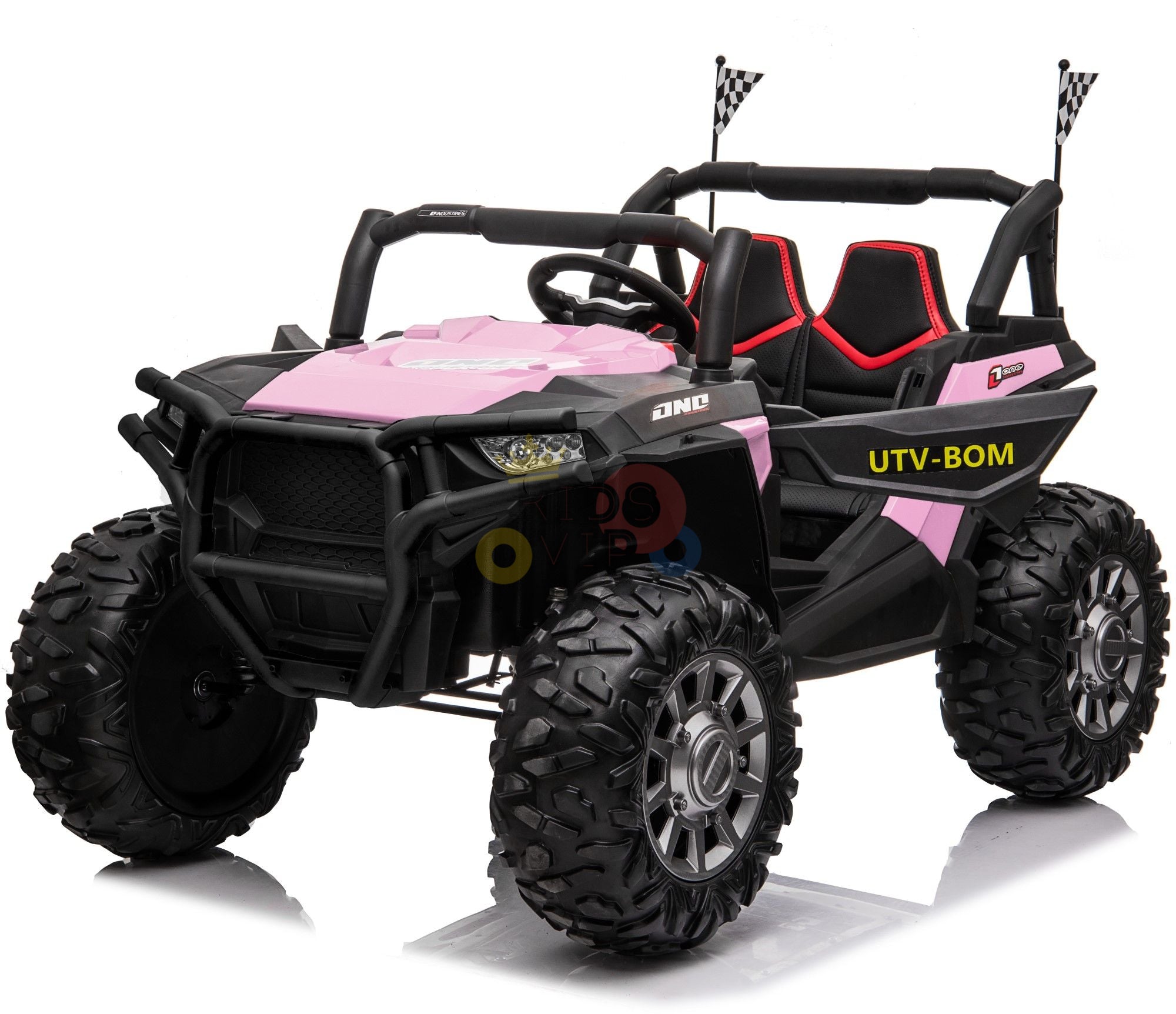 The Pink 2 Seats UTV Adventure Complete Edition 24V Kids Ride On, with four wheels, UTV-BOM branding, black roll bars, checkered flags, and Parental Remote Control for safety, gives kids an exciting adventure.