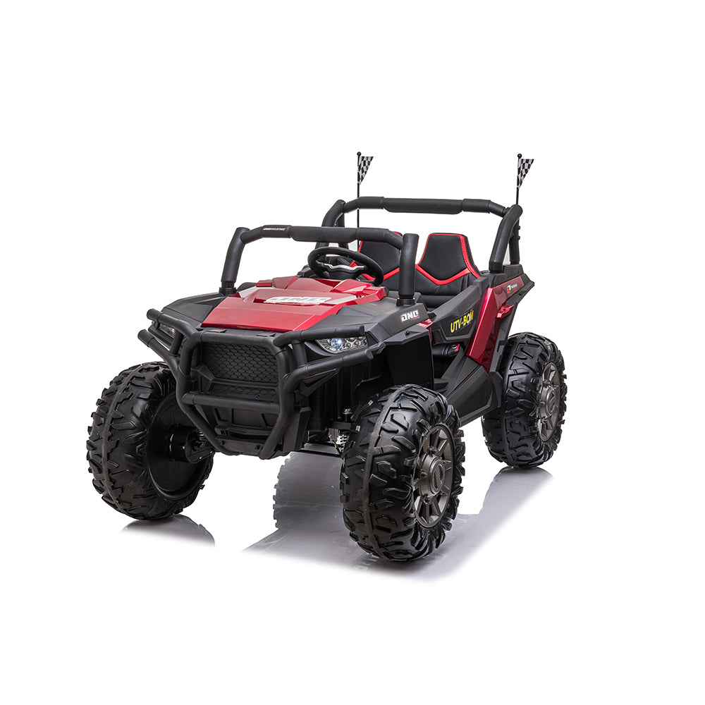 The Red - Real Paint 2 Seats UTV Adventure Complete Edition is a 24V Kids Ride On, featuring rugged tires, a roll cage, two checkered flags at the rear, and a leather seat. It resembles an ATV and is designed for realistic play.