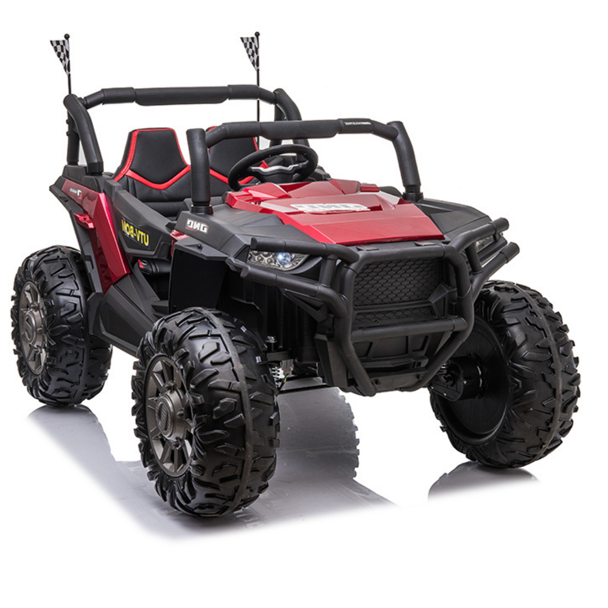The Red Real Paint 2 Seats UTV Adventure Complete Edition is a 24V Kids Ride On UTV featuring large tires, sporty design with checkered flags, steering wheel, leather seat, roll bars, rugged look, and a parental remote for safety.