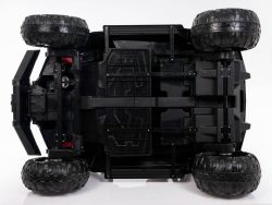 The image highlights the 4X4 Edition 24V Viper Kids Ride on Buggy/UTV with RC, showcasing its large, textured rubber wheels and detailed chassis. The visible mechanical parts beneath emphasize the toy vehicles smooth, reflective surface and meticulous construction.