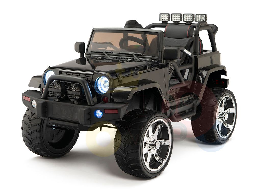 The 4X4 Big Wheels EVA Edition 12v Kids and Toddlers Ride on Truck with RC resembles a toy Jeep, featuring large shiny wheels, roll bar, blue headlights, and top spotlights. Its stylish off-road design is enhanced by the clear white background in the image.