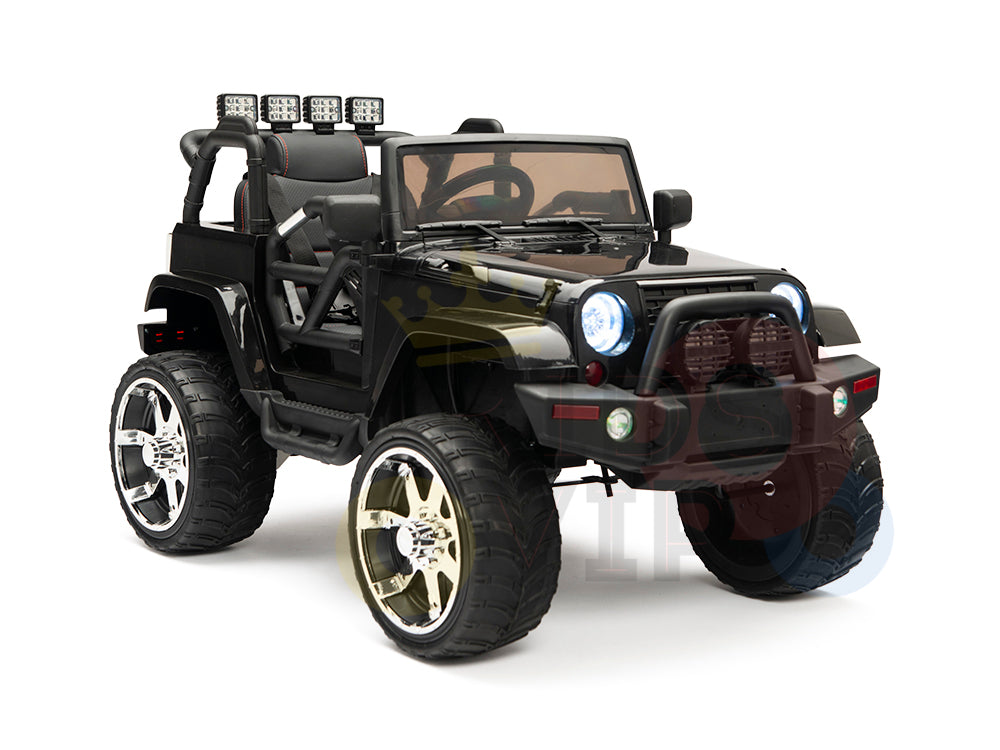 The 4X4 Big Wheels EVA Edition 12v Kids and Toddlers Ride on Truck with RC is a black, open-top ride-on truck featuring large tires, remote control, LED lights, a detailed front grille, and sleek metallic rims—ideal for adventurous children.