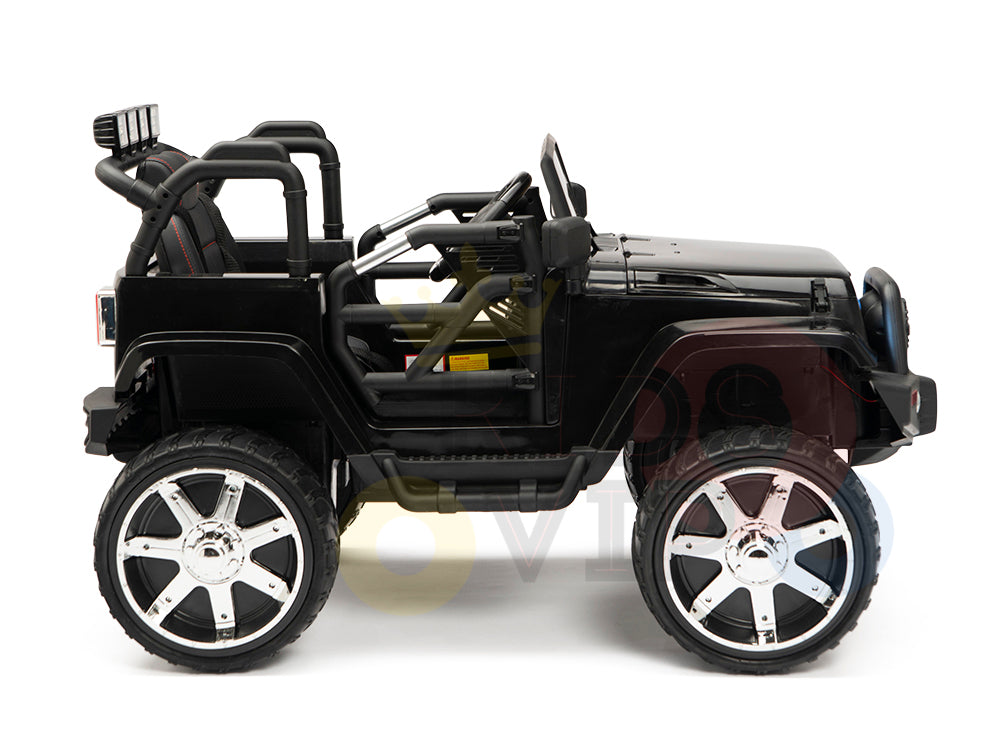 The 4X4 Big Wheels EVA Edition 12v Kids and Toddlers Ride on Truck with RC is a black off-road-style toy car featuring oversized chrome wheels, a visible steering wheel, roll bars, and detailed upgrades for adventurous play in a rugged Jeep-style design.
