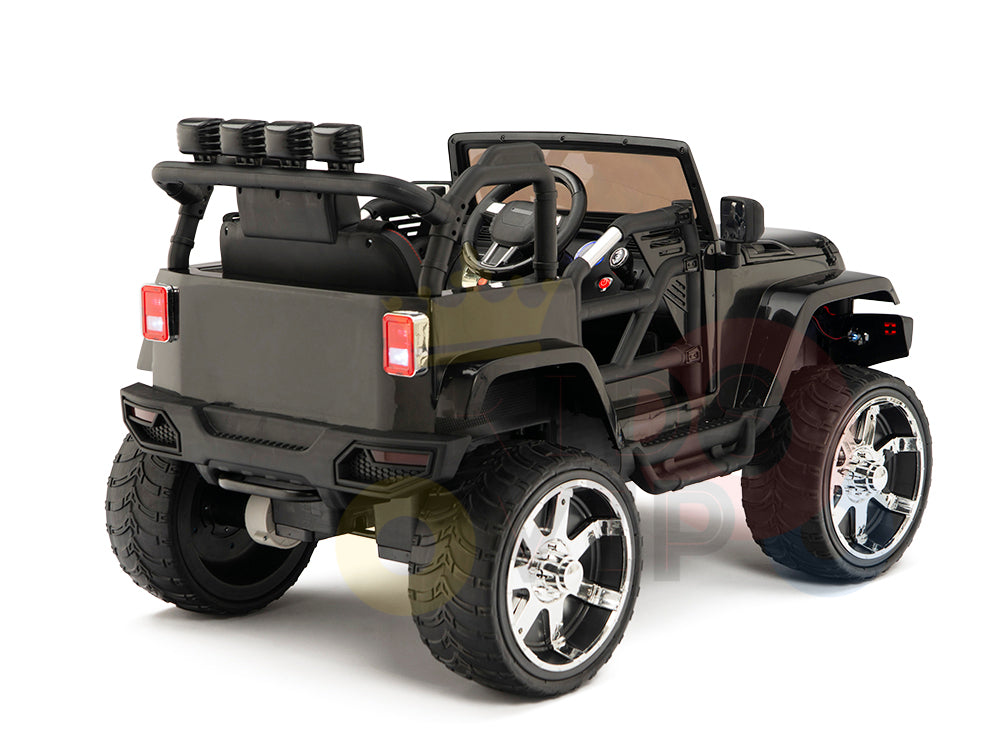 The 4X4 Big Wheels EVA Edition 12v Kids and Toddlers Ride on Truck features a jeep style, large off-road tires, side mirrors, and front seating. It includes upgraded features like a realistic steering wheel and dashboard, remote control, and its rugged design stands out from the rear view.