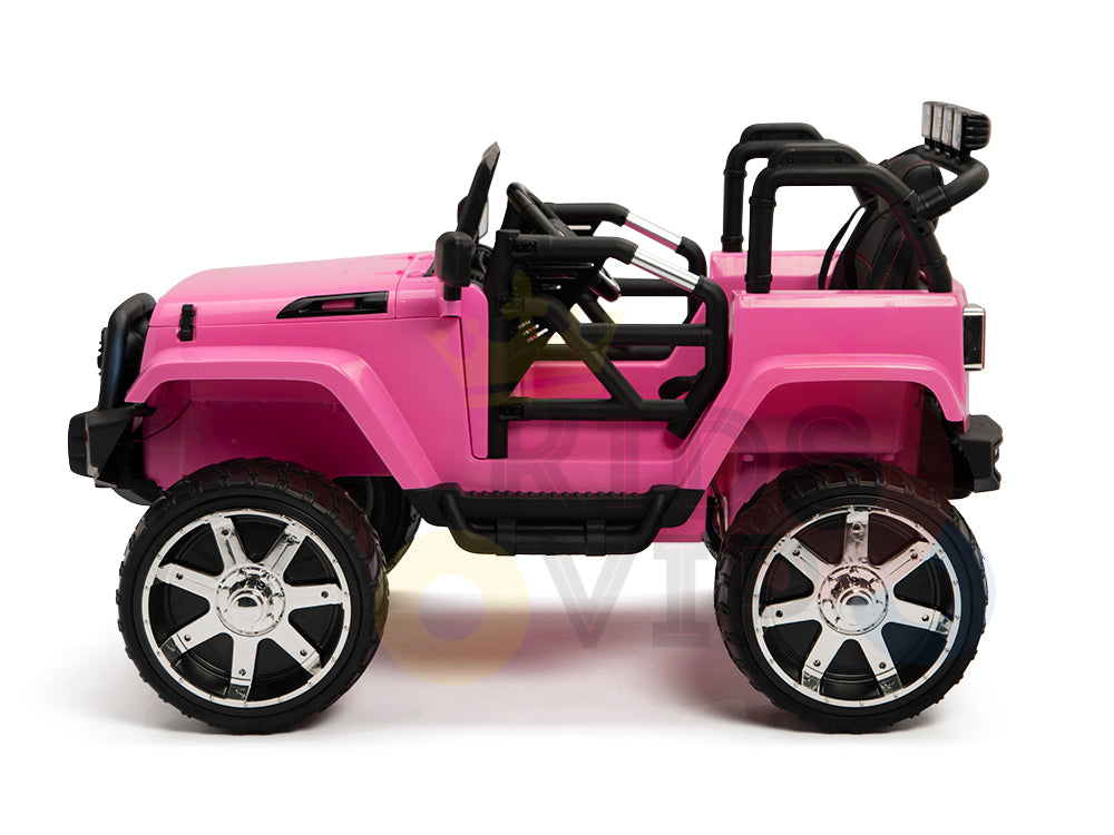 The 4X4 Big Wheels EVA Edition is a pink toy ride-on truck for kids, featuring large shiny wheels, a realistic roll bar, an open-door design, and sporty details. Suitable for outdoor play, it comes with a parental remote control for easy steering and added safety.
