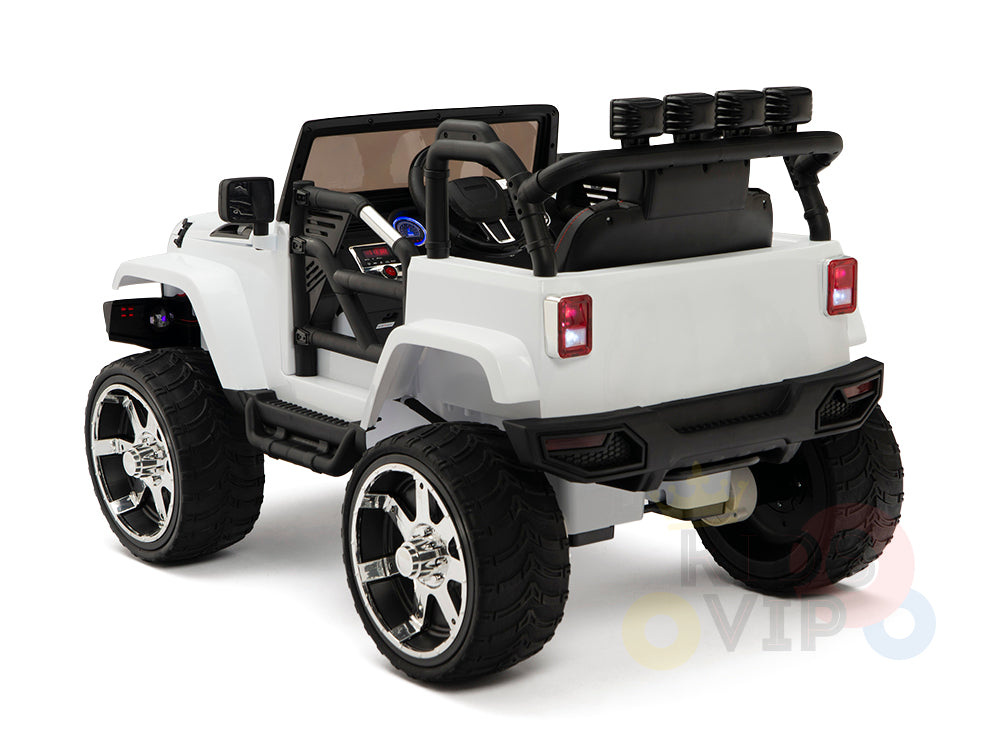 A diagonally positioned white 4X4 Big Wheels EVA Edition 12v Kids and Toddlers Ride-On Truck features a roll bar, detailed interior, chrome accents, and comes with a parental remote for safety. Set against a plain white background to highlight its back and side view.