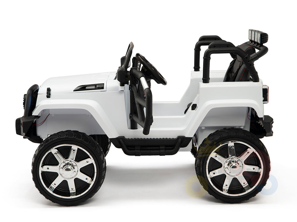 The 4X4 Big Wheels EVA Edition 12v Kids and Toddlers Ride on Truck with RC features a white toy jeep design, complete with large black and silver wheels, black roll bars, a detailed dashboard, and parental remote control for safety. It is side-view shown against a white background.