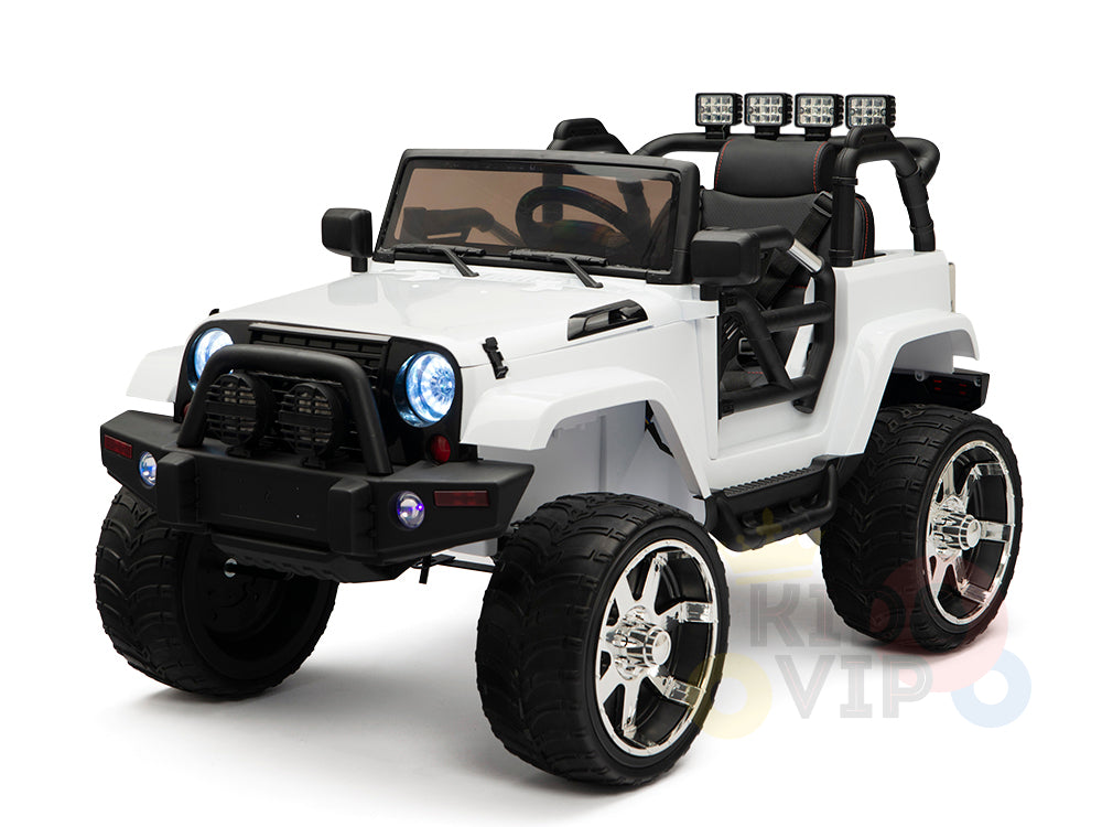 The 4X4 Big Wheels EVA Edition 12v Kids and Toddlers Ride on Truck with RC is a white electric jeep featuring realistic side mirrors, a front grille, a steering wheel, top-mounted lights, open sides for kids, and ruggedness. It includes a parental remote for enhanced safety.