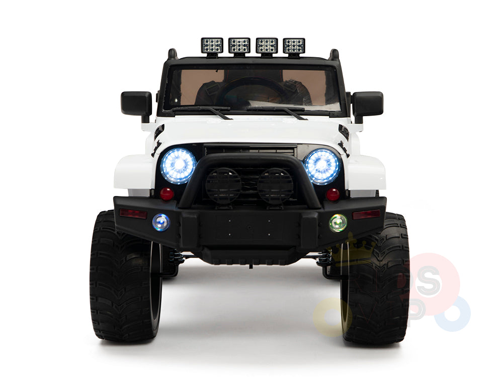 Front view of the 4X4 Big Wheels EVA Edition 12V Kids Ride-On Truck featuring large tires, roof lights, round LED headlights, a rugged bumper design, and a parental remote for safety control.