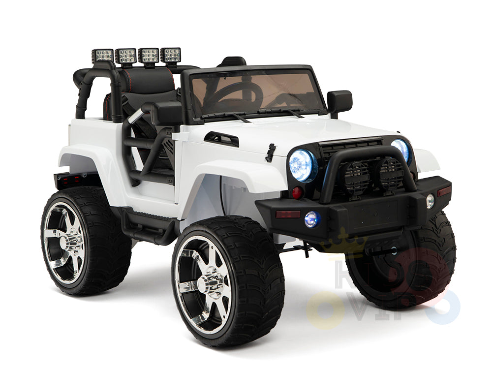 The 4X4 Big Wheels EVA Edition 12v Kids and Toddlers Ride-on Truck resembles a Jeep with large chrome wheels, roll bar lights, and a black grill. It has two seats, a steering wheel, side mirrors, windshield details, and includes a parental remote for optimal safety control.