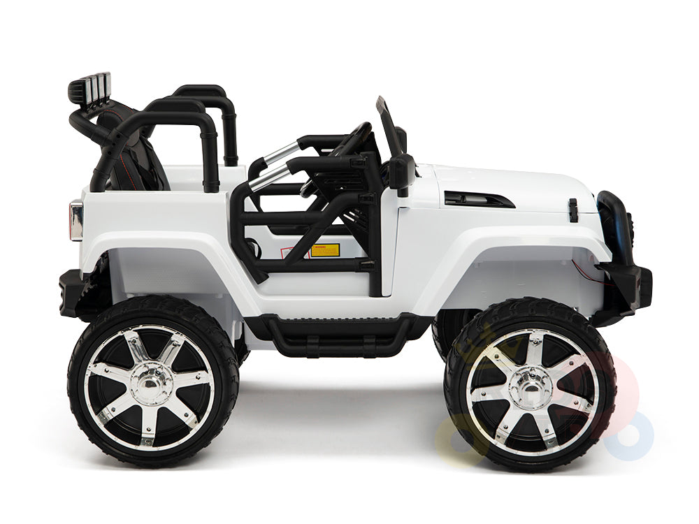 A side view of a white 4X4 Big Wheels EVA Edition 12v Kids and Toddlers Ride on Truck with RC showcases large silver-accented wheels, roll bar, side mirrors, and realistic detailing. Ideal for young adventurers to explore stylishly against a plain white background.