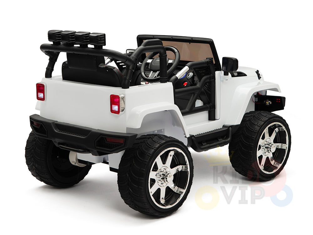 The 4X4 Big Wheels EVA Edition 12v Kids Ride on Truck has large wheels, detailed interior with a steering wheel and seat, realistic headlights, a roll bar, and includes a parental remote for safety. Designed for children to ride; the photos background is plain white.