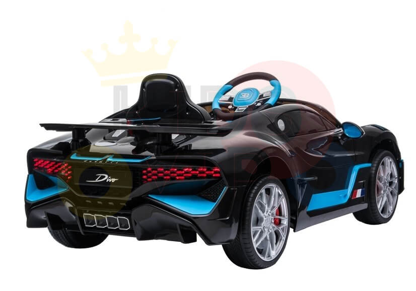 The Enhance Performance with 12V Bugatti Divo Rear Wheel in black and blue replicates a sports car’s sleek design, featuring detailed rear lights, a spoiler, and silver wheels—an open-top toy designed for young adventurers seeking a sporty aesthetic.