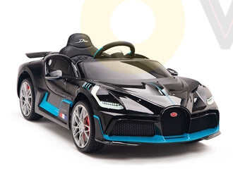 A miniature black and blue 12V Bugatti Divo ride-on car with a sleek design features a sporty steering wheel, detailed headlights, rear-wheel drive, and low-profile red-rimmed wheels—an upgrade for your ride to resemble a luxury sports car.