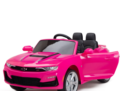The Pink 12V Official Sport Chevrolet Camaro Kids And Toddlers Ride-On Car Features A Sleek Convertible Design With A Black Interior, Emblem On The Grille, Two Seats, And Realistic Details. It Sits Invitingly With One Door Open Against A Plain White Background.