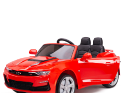 The Red 12V Official Sport Chevrolet Camaro Kids and Toddlers Ride on Car features a sleek design with two seats, black detailing, silver rims on a white background, and offers thrilling remote control driving for young enthusiasts.
