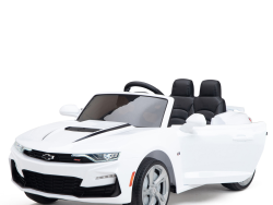 The White 12V Official Sport Chevrolet Camaro Kids Ride-on Car features a black interior and open doors, boasting a sleek design with black hood stripes. Set against a white background, it offers remote control ride-on excitement for kids.