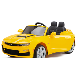 A Yellow 12V Official Sport Chevrolet Camaro Kids and Toddlers Ride-on Car with black details, dual black seats, and silver wheels faces slightly right, showcasing its sporty design.