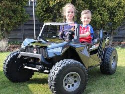 Two children enjoy the outdoors in a ride-on car with large tires, parked on grass. They are surrounded by a wooden fence and trees. The boy wears a red and blue shirt, and the girl shines in her colorful dress as they share their adventurous drive with laughter utilizing the 24V Dune Buggy Steering Motor.