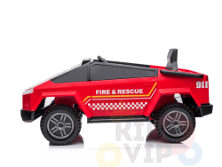 A red and black Futuristic 12V Fire Truck Ride On for Kids, featuring 911 and Fire & Rescue with a checkered pattern, is showcased on a white background. Suitable for kids and toddlers, it includes sirens, RC controls, rubber wheels, a leather seat, and music.
