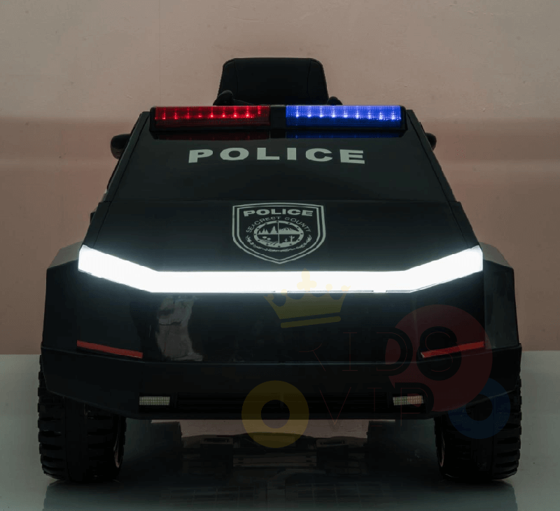 A sleek black 12V Fire Truck Ride On for kids and toddlers with a POLICE label. It features LED lights, red on the left and blue on the right, sirens, RC capabilities, rubber wheels, leather seat, and music. Ideal for remote control enthusiasts captivated by its striking details.