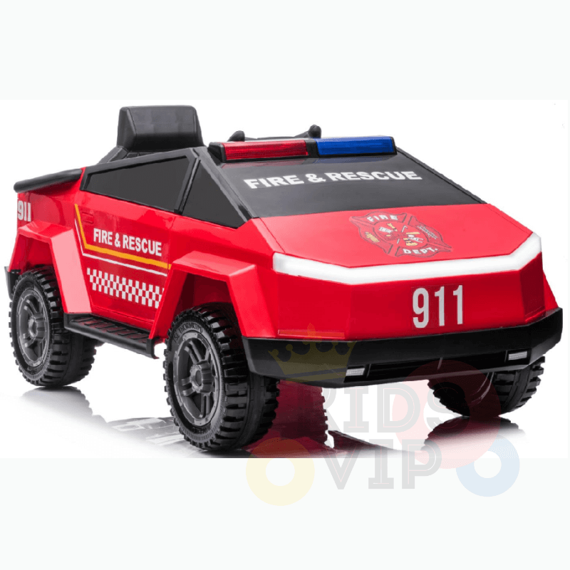 The Futuristic 12V Fire Truck Ride On features Fire & Rescue and 911 decals, a fire department emblem, large rubber wheels, a light bar, and sirens. Designed for kids and toddlers seeking adventure, it includes remote control, music, and a leather seat for ultimate fun.