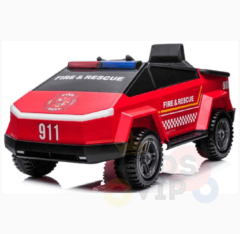 This sleek, red 12V Fire Truck Ride-On for kids features rugged rubber wheels, emergency lights, FIRE & RESCUE labeling, and a remote control. Perfect for action-packed adventures with sirens, a leather seat, and music!.