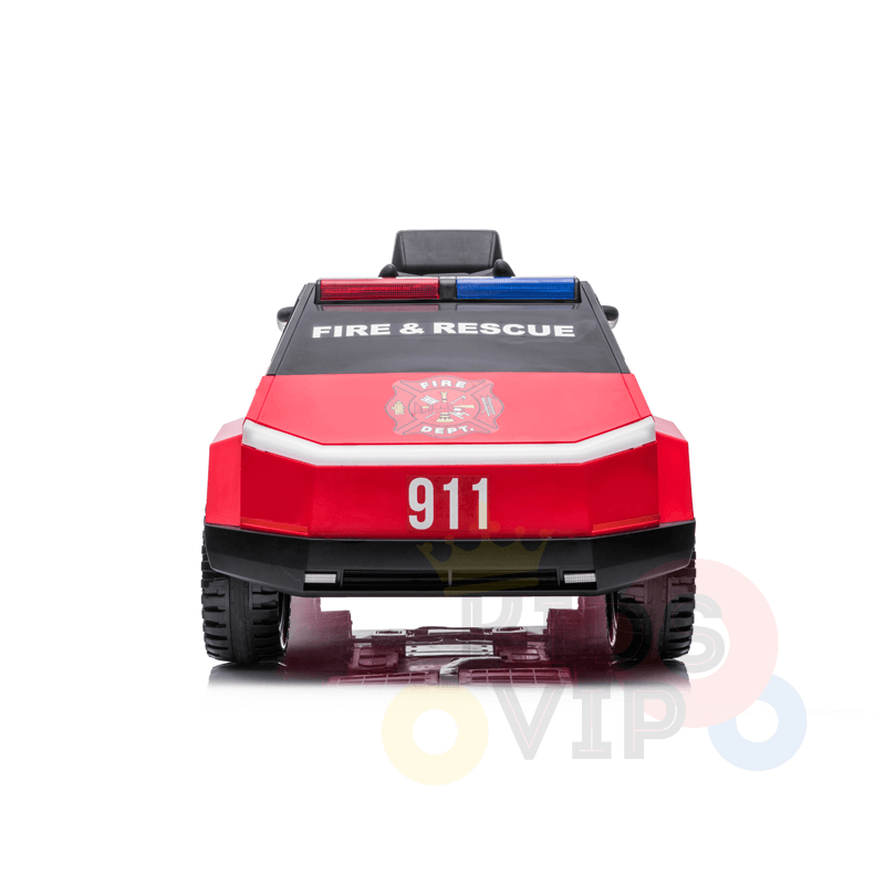 The vibrant red Futuristic 12V Fire Truck Ride-On for kids, featuring a Fire & Rescue label, 911 on the front, black rubber wheels, a siren on top, and a Fire Dept hood logo, offers an exciting experience against a white background.