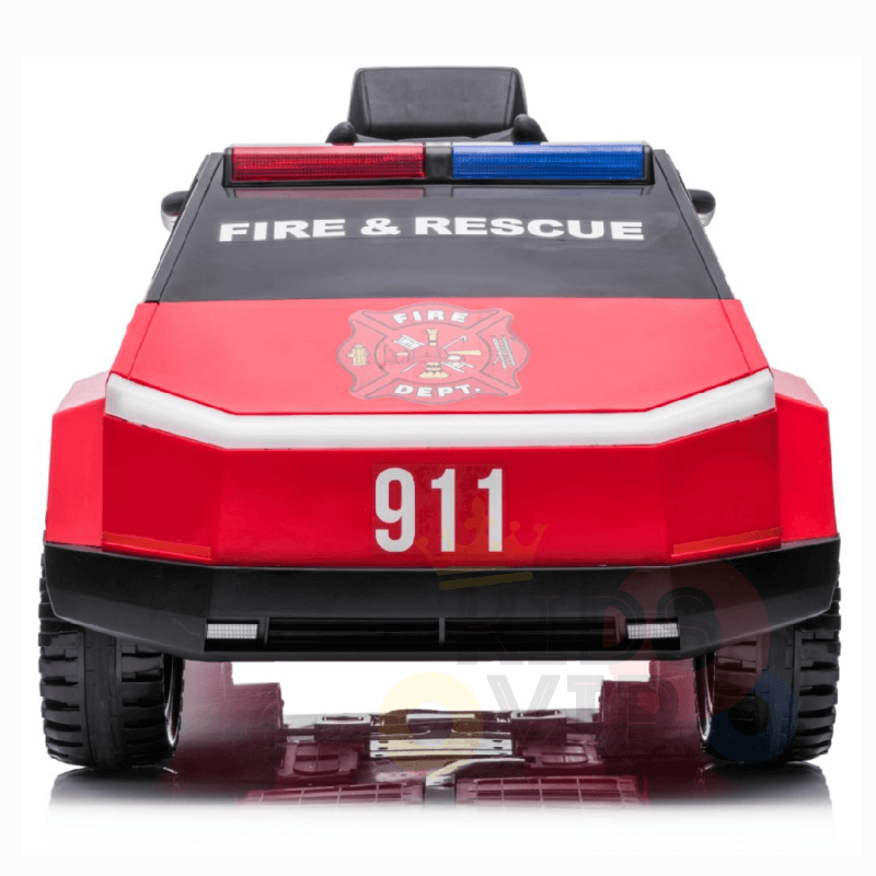 The Futuristic 12V Fire Truck Ride On features a red and black design with FIRE & RESCUE and 911 displayed on the front. It includes blue and red roof lights, large black rubber wheels, a leather seat, sirens, music functionality, and is easily controlled by remote. Ideal for kids and toddlers.