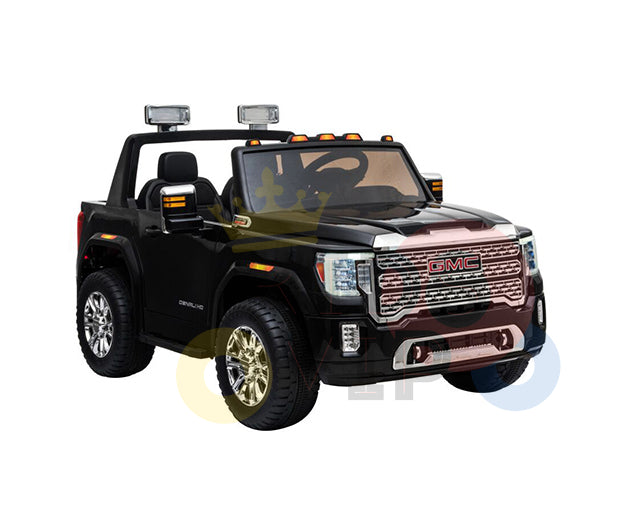 The Black 2x12V Licensed 4WD GMC Sierra Kids Ride On Car features realistic details like chrome accents and headlights, an open-top design, and a parental remote control for safe fun. Its set against a white background, promising hours of adventure.