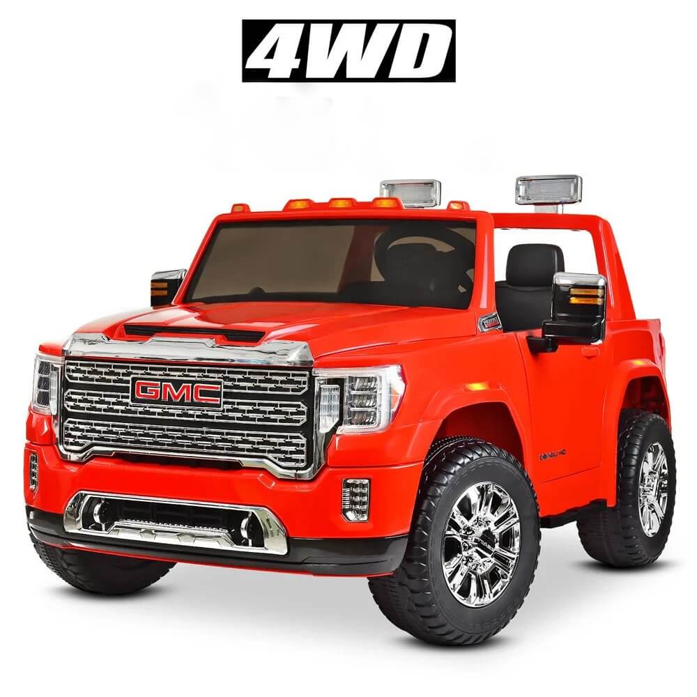 The red toy GMC Sierra ride-on car, with its detailed front grille and chrome accents, features four large tires and an Eco Leather Seat. Designed as a 4WD for adventurous kids, it’s a stylish and sustainable choice.