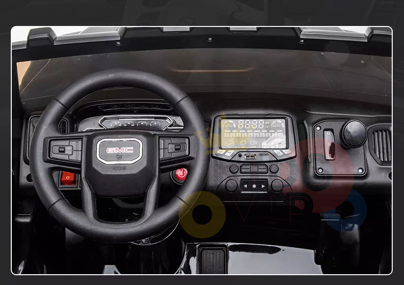 The Blue 2 Seats Officially Licensed 4WD GMC Sierra Kids Ride On Car features a detailed dashboard with a GMC-logoed steering wheel, buttons, mock display, right-side gear shift, and leather seats for realistic play.
