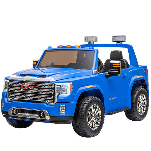 This 12v ride-on car, inspired by the blue GMC Sierra Denali truck, features realistic details such as a chrome grille, headlights, side mirrors, official logos, visible wheels with shiny rims, and an Eco Leather Seat for enhanced comfort.