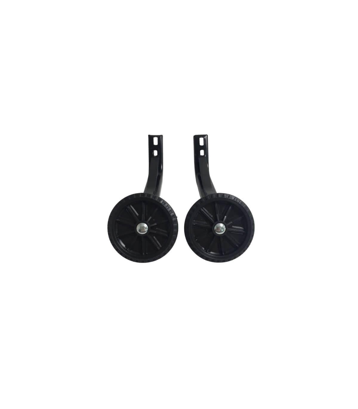 Two black training wheels with textured patterns and metal brackets are shown against a white background, ideal for enhancing stability and safety on the Red INJUSA 12V Honda Naked Edition Ride On Bike/Motorcycle for Kids.