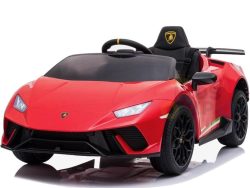 The Officially Licensed 12V Lamborghini Huracan Sports Edition Ride-on Car features realistic details like a steering wheel, side mirrors, and black wheels. It sports the iconic Lamborghini logo on the hood and headrest, giving children a sleek sports car experience.