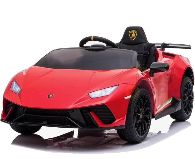 The Officially Licensed 12V Lamborghini Huracan Sports Edition Ride-on Car features realistic details like a steering wheel, side mirrors, and black wheels. It sports the iconic Lamborghini logo on the hood and headrest, giving children a sleek sports car experience.