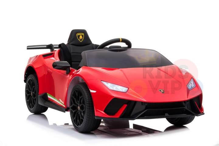 The Officially Licensed 12V Lamborghini Huracan Sports Edition ride-on car features a sleek design in red, with black seats and a prominent front emblem.
