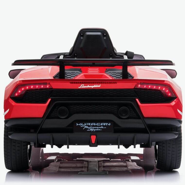 Rear view of the Officially Licensed 12V Lamborghini Huracan Sports Edition Ride on Car displaying angular taillights and a prominent rear spoiler. The license plate area reads Huracan. This sleek ride sits on a shiny surface, highlighting its sporty features and electrifying 12V battery power.