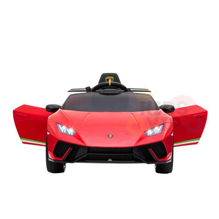 The Officially Licensed 12V Lamborghini Huracan Sports Edition Ride On Car is displayed frontally with open doors, featuring sleek angular lines and prominent headlights for an exhilarating look.