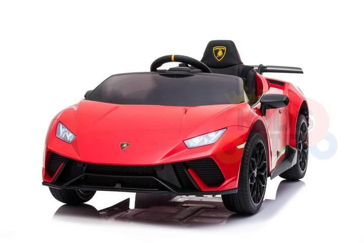 The Officially Licensed 12V Lamborghini Huracan Sports Edition Ride-on Car embodies the iconic design with sleek lines, a black grille, sharp headlights, small steering wheel, black wheels, and branded logo on the seat headrest for an authentic appearance.