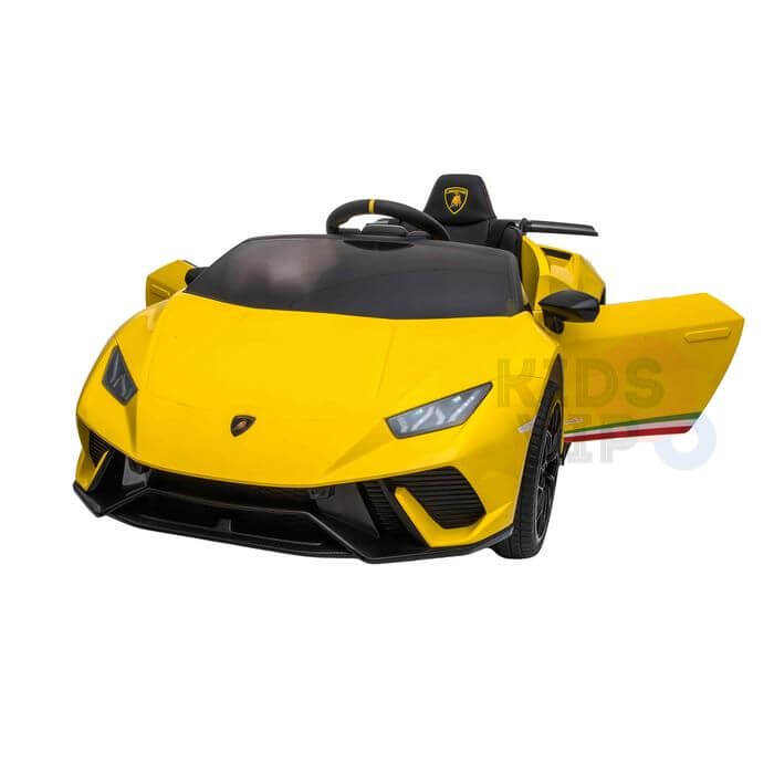 The Yellow Officially Licensed 12V Lamborghini Huracan Sports Edition Ride on Car features black wheels and an open drivers side door, viewed from the front angle. It offers a sleek design for remote control fun and a plush leather seat for extra comfort.