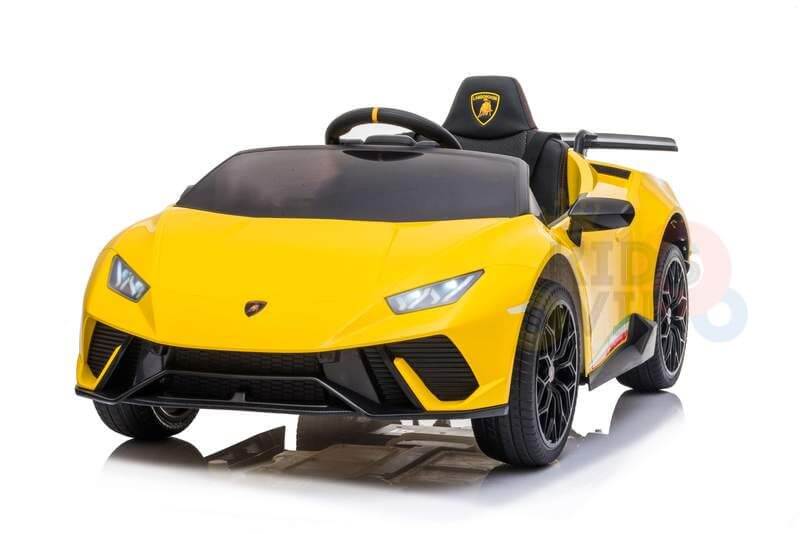 A Yellow Officially Licensed 12V Lamborghini Huracan Sports Edition Ride on Car with sleek design features angular headlights, black wheels, a front logo, sporty steering wheel, and aerodynamic details. It offers remote control for an added thrill.