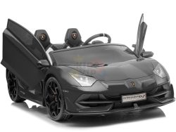 The Black 24V Lamborghini SVJ Ultimate Drifting Car is a sleek toy car with upward-opening doors, drifting wheels, and detailed rims, modeled after the Aventador. It features sporty design elements with logo accents on the front and seats, plus a reflective floor—ideal for kids.