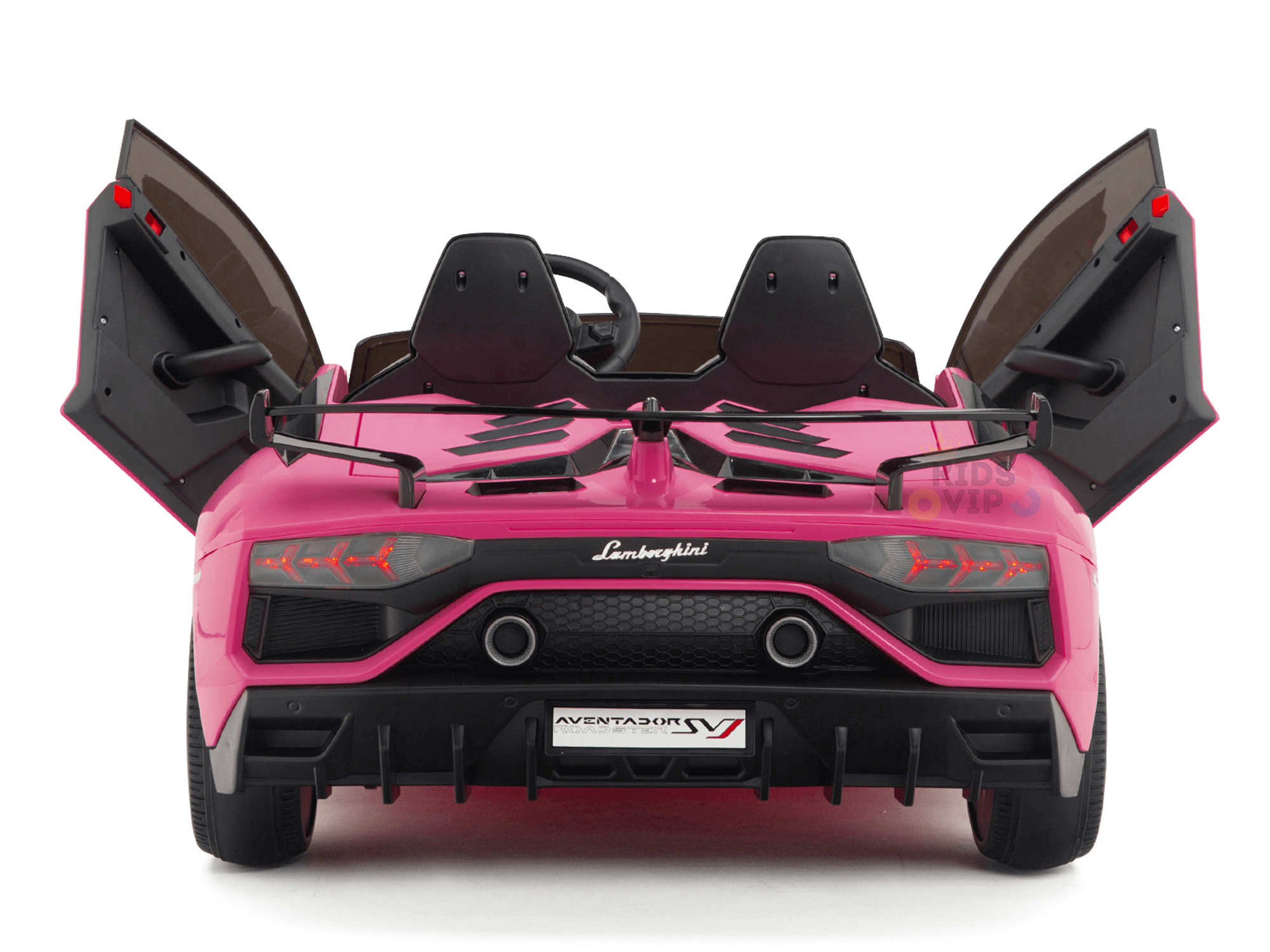 The Upgrade Your Ride with the Pink 24v Lamborghini SVJ Drifting Kids Ride on Car features open scissor doors, a detailed rear design with a black bumper, red taillights, and the iconic logo. The license plate reads AVENTADOR SV, perfect for thrilling adventures.